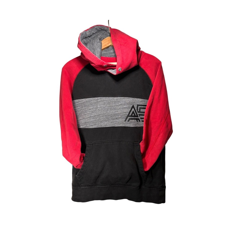 American Eagle Hoodie Mens Medium Pullover Red Black Colorblock Spellout‎